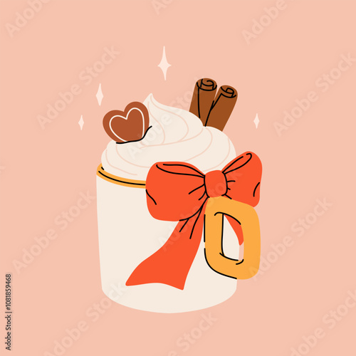 Christmas hot drink big collection. Flat cartoon beverages. Holiday cute mugs with hot cocoa, coffee, and mulled wine. New year drinks decorated with sweets and candy. Isolated vector illustration