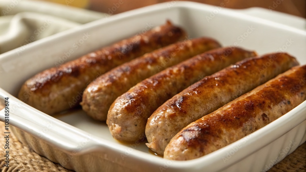 Deliciously browned cooked breakfast sausage links served in a pristine white dish, perfect for morning meals, brunch spreads, and food photography showcasing savory delights. Deliciously browned cooked breakfast sausage links served in a pristine white dish, perfect for morning meals, brunch spreads, and food photography showcasing savory delights.
