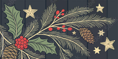 Christmas and New year realistic vector template with Christmas tree branches, stars, cones and holly berries on avenge dark navy blue   illustration.
