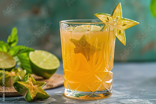 Refreshing Tropical Fruit Juice with Starfruit and Mint Garnish