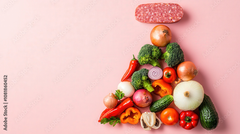 Fresh vegetables and meat arranged in food pyramid shape, showcasing variety of healthy ingredients. This colorful display emphasizes nutrition and balanced eating Fresh vegetables and meat arranged in food pyramid shape, showcasing variety of healthy ingredients. This colorful display emphasizes nutrition and balanced eating