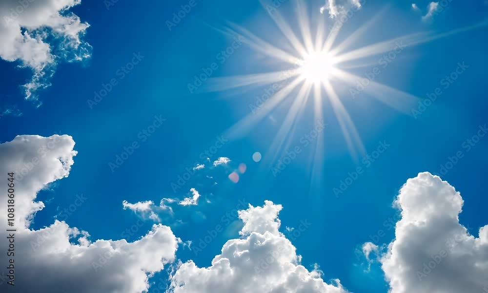 A bright sun shines in a clear blue sky, surrounded by fluffy white clouds, creating a serene and uplifting atmosphere.