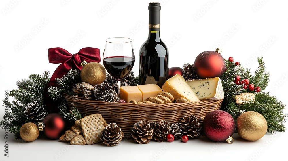 Naklejka premium A luxurious holiday gift basket featuring a bottle of fine wine, blocks of gourmet cheese, festive snacks, and holiday ornaments, arranged on a bright white background.