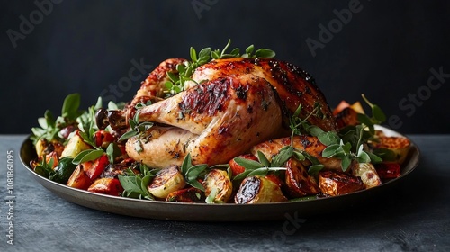 A beautifully roasted chicken surrounded by fresh vegetables, garnished with herbs, perfect for a festive meal or family gathering. photo