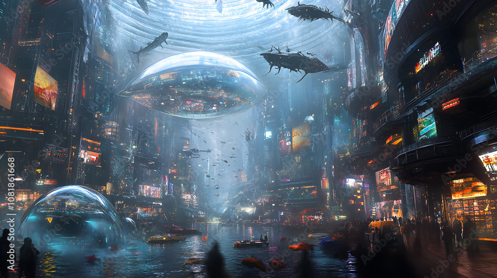 Obraz premium A futuristic underwater city built in a massive glass dome with sea creatures swimming overhead and neon-lit streets below.