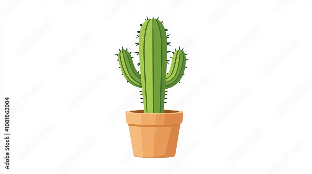 62.A vector illustration of a small green cactus with subtle spikes, neatly planted in a terracotta pot, with a white background that brings out the contrasting colors. The cactus stands straight and 62.A vector illustration of a small green cactus with subtle spikes, neatly planted in a terracotta pot, with a white background that brings out the contrasting colors. The cactus stands straight and