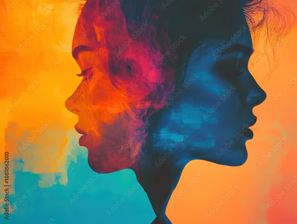 contemporary, close up, focus on, copy space, vivid colors, double exposure silhouette with sleek modern sculptures contemporary, close up, focus on, copy space, vivid colors, double exposure silhouette with sleek modern sculptures