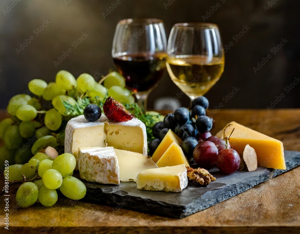 Sophisticated Wine and Cheese Pairing With a Selection of Fine Wines, Artisan Cheeses, Fresh Fruits, and Herb Garnishes for a Luxurious Dining Experience Sophisticated Wine and Cheese Pairing With a Selection of Fine Wines, Artisan Cheeses, Fresh Fruits, and Herb Garnishes for a Luxurious Dining Experience