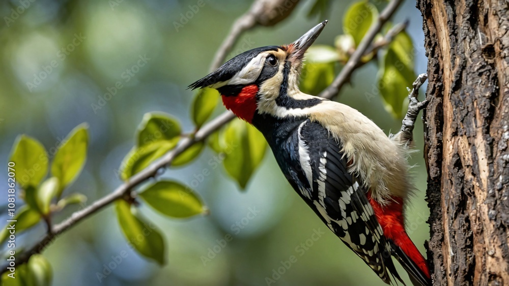 Naklejka premium a woodpecker was hollowing out a tree
