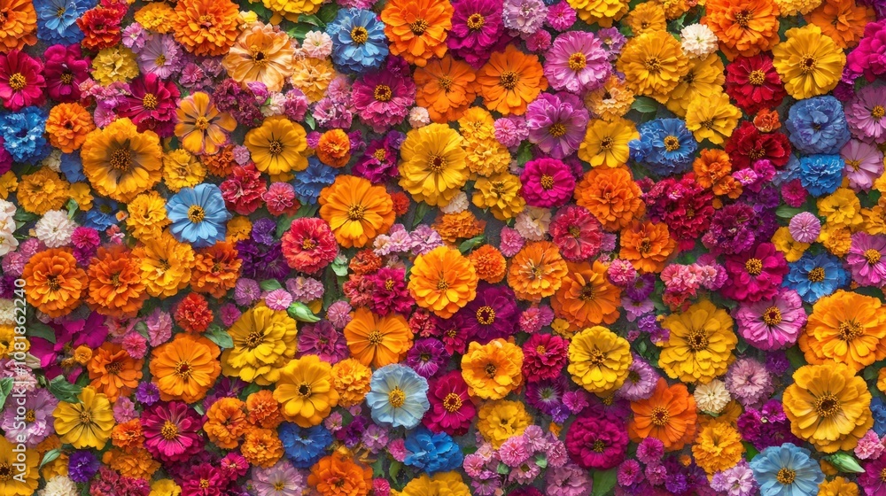 Vibrant zinnias and marigolds in various colors, creating a lively and colorful flower background Vibrant zinnias and marigolds in various colors, creating a lively and colorful flower background