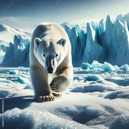 Majestic polar bear navigating a frozen Arctic landscape of towering glaciers and icy cliffs photo