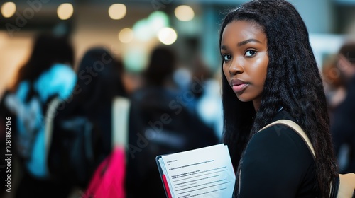 Job seekers actively engaging with recruiters at a bustling career fair, showcasing determination and eagerness in their pursuit of professional opportunities. photo