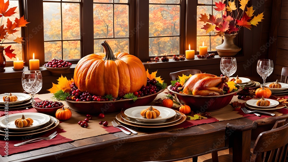 A beautifully set Thanksgiving table with a roasted turkey, pumpkin centerpiece, and cranberries. A beautifully set Thanksgiving table with a roasted turkey, pumpkin centerpiece, and cranberries.