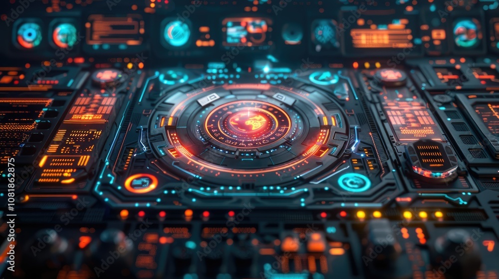 Futuristic technology interface with glowing lights and buttons. Futuristic technology interface with glowing lights and buttons.