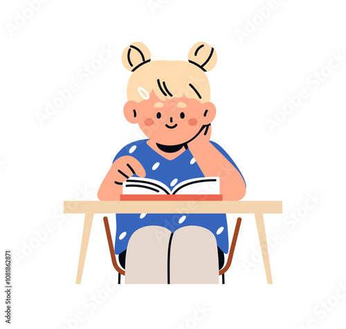 Girl reading book at desk, studying and learning. Cute happy kid, elementary student with textbook at table. School child, pupil education. Flat vector illustration isolated on white background