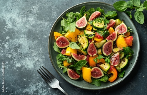 Fresh salad with zucchini, figs, and yellow peppers on grey