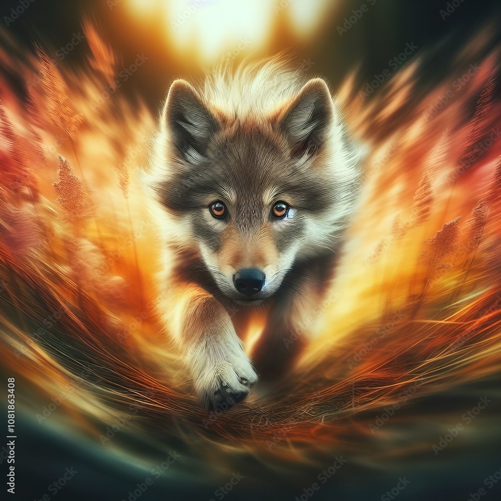 Young Wolf Portrait with Glowing Eyes Emerging Through Golden Autumn Grass during Magical Mountain Sunset Light Young Wolf Portrait with Glowing Eyes Emerging Through Golden Autumn Grass during Magical Mountain Sunset Light