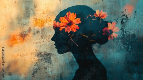 resilience, close up, focus on, copy space, vivid colors, double exposure silhouette with blooming flower amidst concrete photo