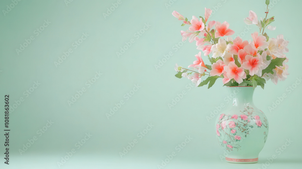 beautiful vase filled with pink and white flowers against mint green background creates serene and elegant atmosphere beautiful vase filled with pink and white flowers against mint green background creates serene and elegant atmosphere