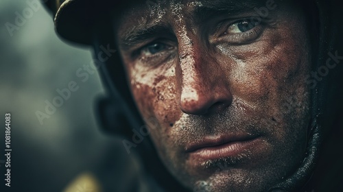 Close-up Portrait of a Man with a Dirty Face and Helmet