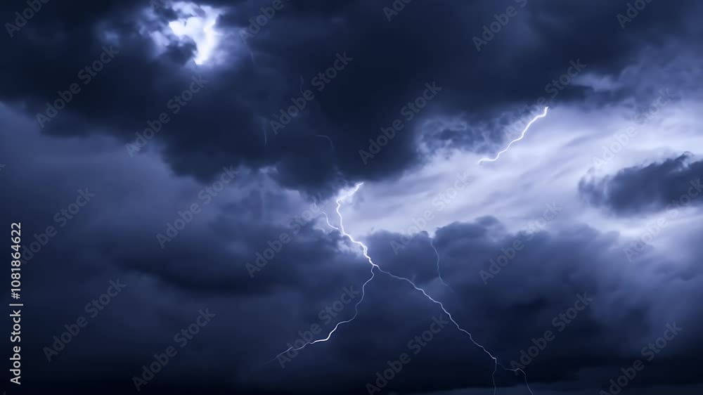 realistic effects creating intense atmospheric backdrop cinematic ather themed footage 4K background rain sky nature stormy weather cloud danger strike light blue climate night landscape power bolt
