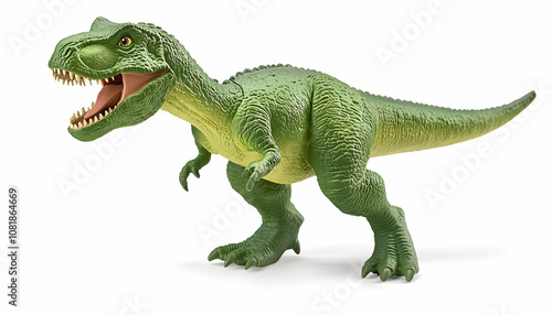 Green Tyrannosaurus Rex dinosaur toy on white background.