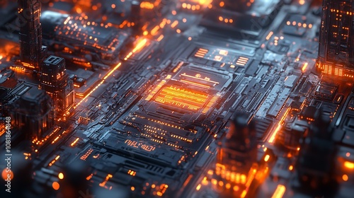 A cityscape with bright orange lights illuminating the buildings