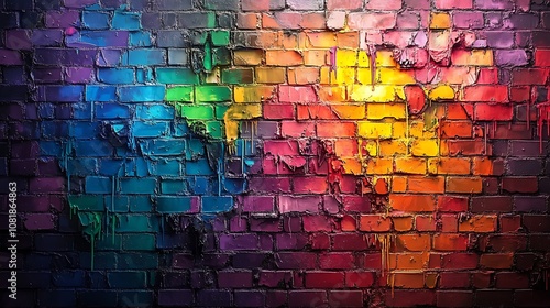 A brick wall with rainbow graffiti, the vibrant colors standing out against the rough, cracked surface, splattered paint and drips, grunge and urban feel, street art culture, detailed textures,