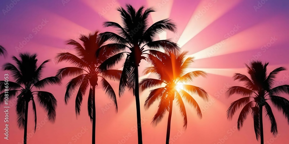Sunset serenity palm trees silhouette tropical paradise 3d banner design vibrant landscape coastal viewpoint nature's beauty concept Sunset serenity palm trees silhouette tropical paradise 3d banner design vibrant landscape coastal viewpoint nature's beauty concept