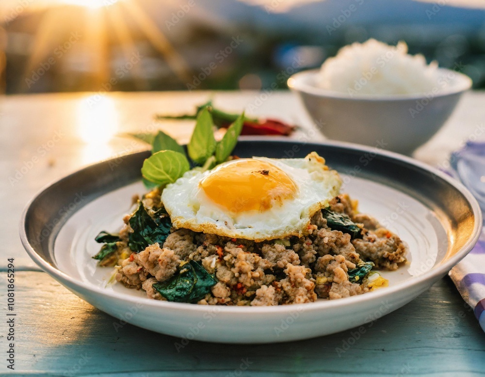 Phat Kaphrao Stir-Fried Minced Pork with Holy Basil and Fried Egg, Served in a Street Food Style Setting with Bold Flavors and a Casual Thai Vibe Phat Kaphrao Stir-Fried Minced Pork with Holy Basil and Fried Egg, Served in a Street Food Style Setting with Bold Flavors and a Casual Thai Vibe