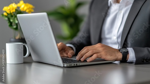 Professional Man Working on Laptop in Modern Office Setting with Green Plants and Yellow Flowers for Business, Technology, and Productivity Concepts