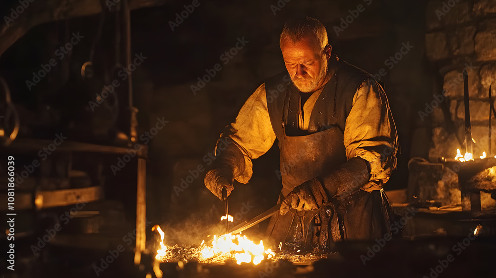 A medieval blacksmith forging a sword in his workshop surrounded by glowing embers and metal tools. A medieval blacksmith forging a sword in his workshop surrounded by glowing embers and metal tools.