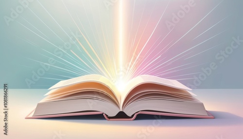 Self-improvement with an open book radiating light on a soft background