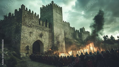 A medieval castle under siege with archers firing arrows from the battlements and soldiers storming the gates below.