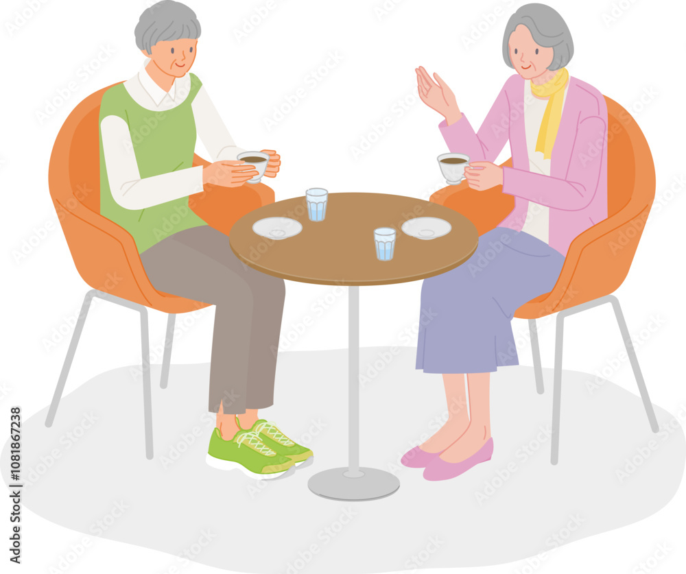 シニアライフ:友人とカフェで話を楽しむ笑顔のシニア女性 シニアライフ:友人とカフェで話を楽しむ笑顔のシニア女性