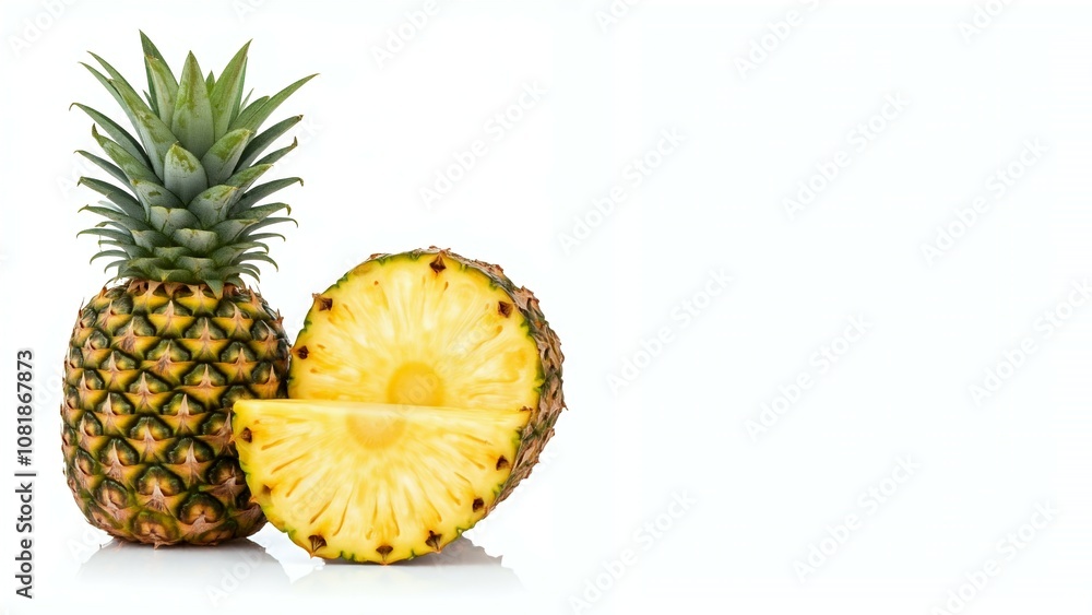 Whole pineapple next to its cross-section on a white background. Whole pineapple next to its cross-section on a white background.