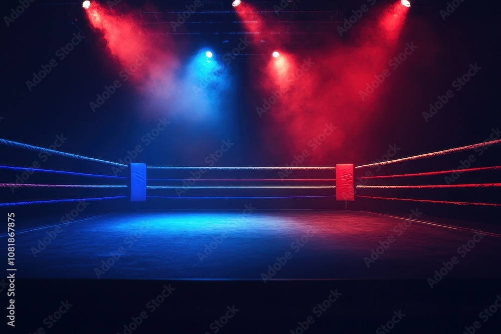 Fototapeta premium Empty boxing ring with spotlights shining down.