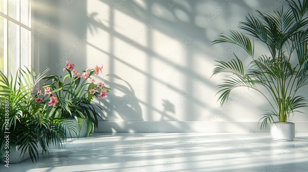 Minimalist white room interior with potted plants and sunlight streaming through window. Minimalist white room interior with potted plants and sunlight streaming through window.