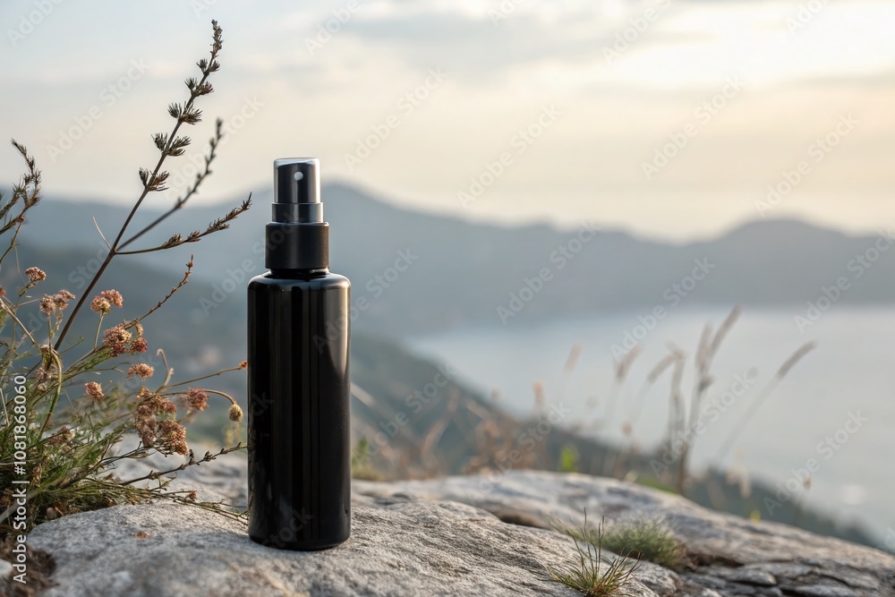 Elegant Black Spray Bottle with Sprayer Against a Soft Gray Background, Highlighted by Bokeh Effect for a Modern and Minimalist Aesthetic in Home and Beauty Products Photography Elegant Black Spray Bottle with Sprayer Against a Soft Gray Background, Highlighted by Bokeh Effect for a Modern and Minimalist Aesthetic in Home and Beauty Products Photography