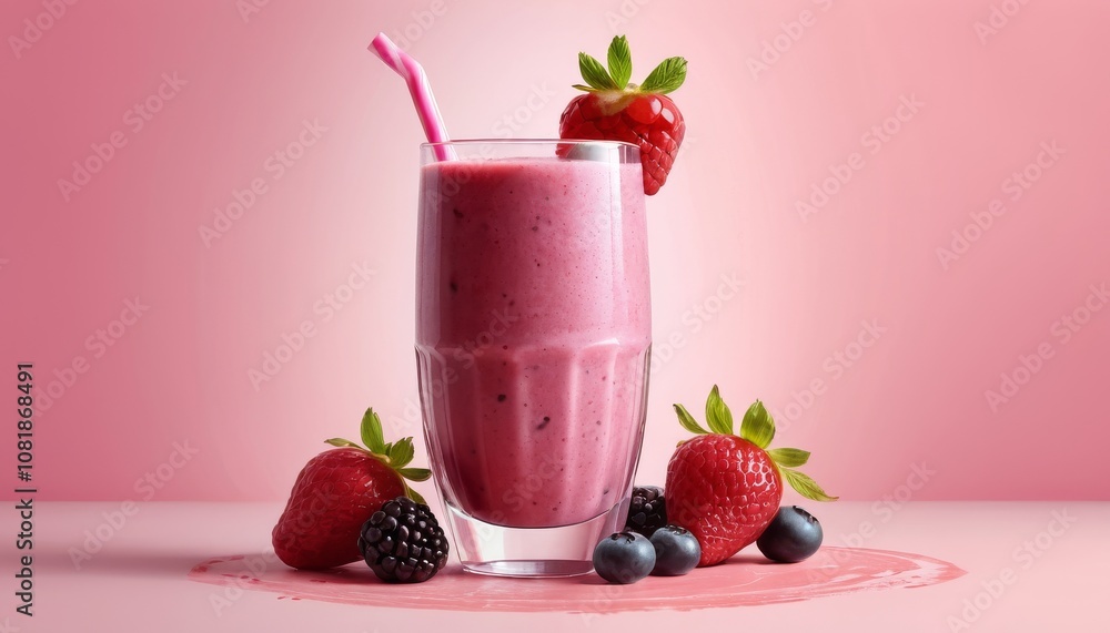 Refreshing berry smoothie for weight loss in a glass with fresh fruits on a pink background Refreshing berry smoothie for weight loss in a glass with fresh fruits on a pink background