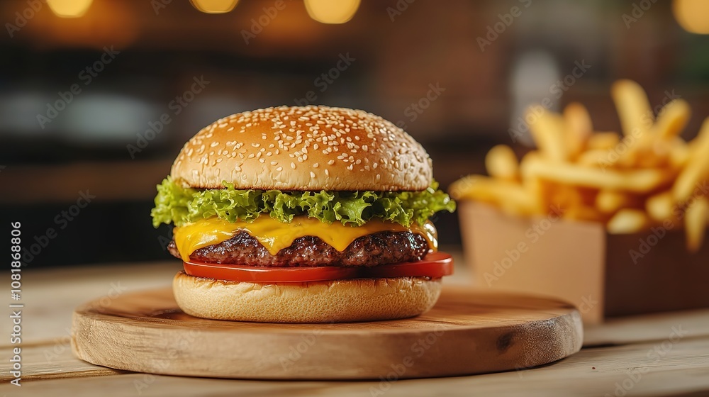 Hamburger Classic on a wooden plate and French fries at the back on Burger Shop background 4k resolution Hamburger Classic on a wooden plate and French fries at the back on Burger Shop background 4k resolution
