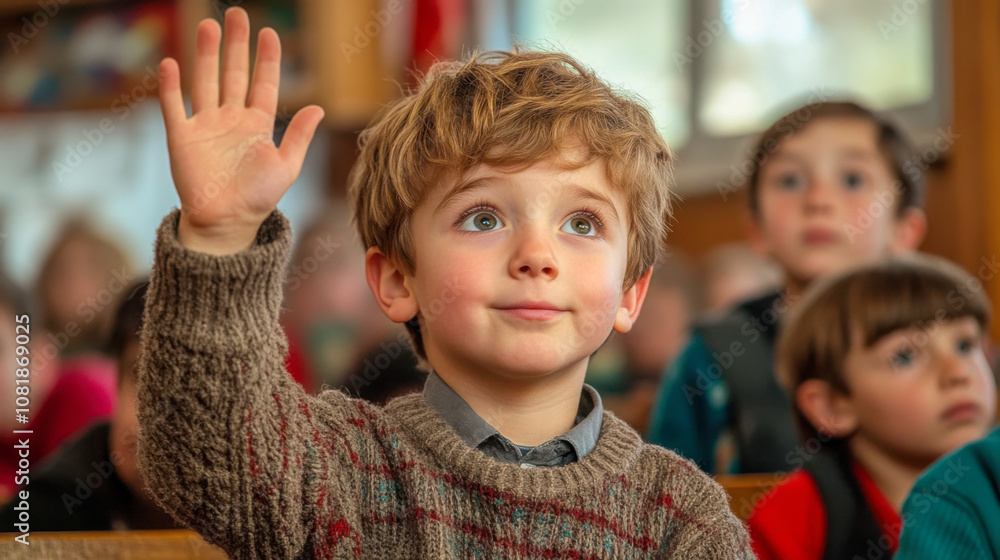 Curious boy raising hand in classroom setting during daytime learning session Curious boy raising hand in classroom setting during daytime learning session