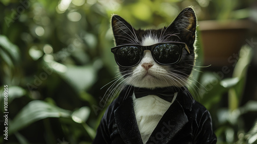 Cat wearing sunglasses : Close up portrait of tuxedo cat wearing sunglasses and suit