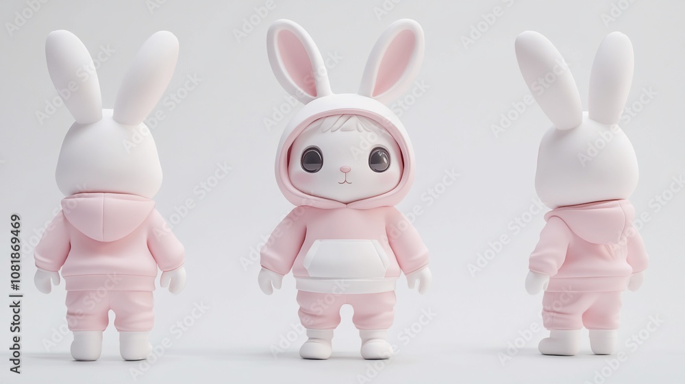 A cute bunny wearing a pink hoodie, shown from three angles, on a white background. A cute bunny wearing a pink hoodie, shown from three angles, on a white background.