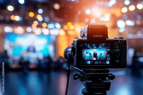 Professional video camera recording interview in tv studio. Media, television, technology concept