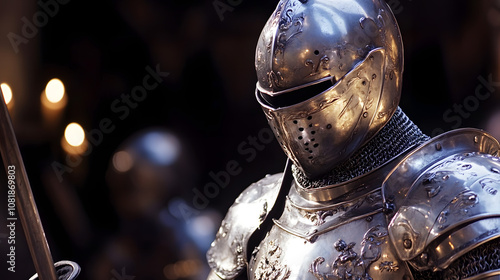 A noble knight in shining armor at a medieval tournament lance in hand ready for a joust.