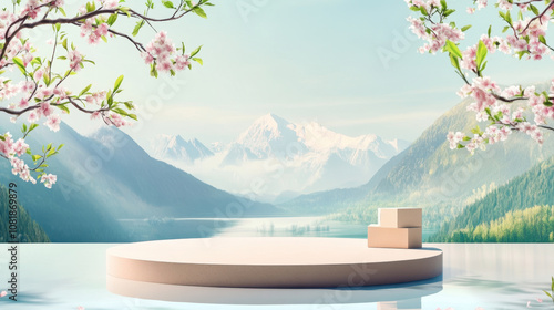 serene landscape featuring tranquil lake surrounded by mountains, with cherry blossom branches framing scene. soft colors evoke peaceful atmosphere, perfect for relaxation photo