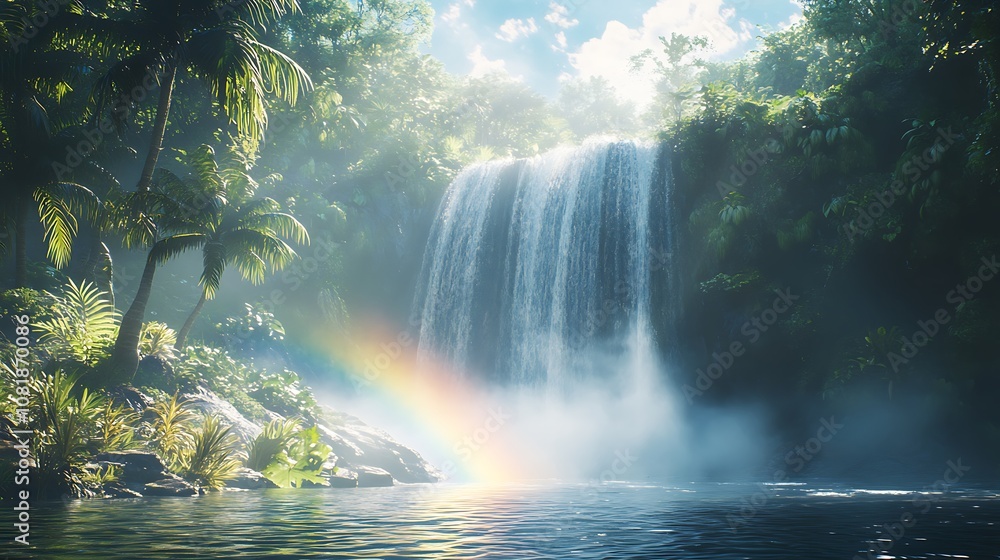 A misty tropical waterfall with a vibrant rainbow casting colors across the cascading water, lush green foliage surrounding the scene, sunlight filtering through the canopy, A misty tropical waterfall with a vibrant rainbow casting colors across the cascading water, lush green foliage surrounding the scene, sunlight filtering through the canopy,