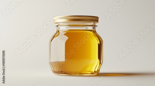 An isolated white background shows a square jar of dark honey with a black cap photo