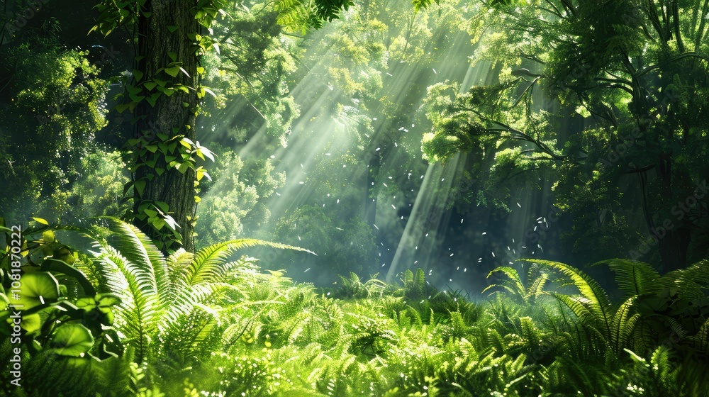 Lush ferns in a mystical forest clearing, sunlight streaming through trees Lush ferns in a mystical forest clearing, sunlight streaming through trees